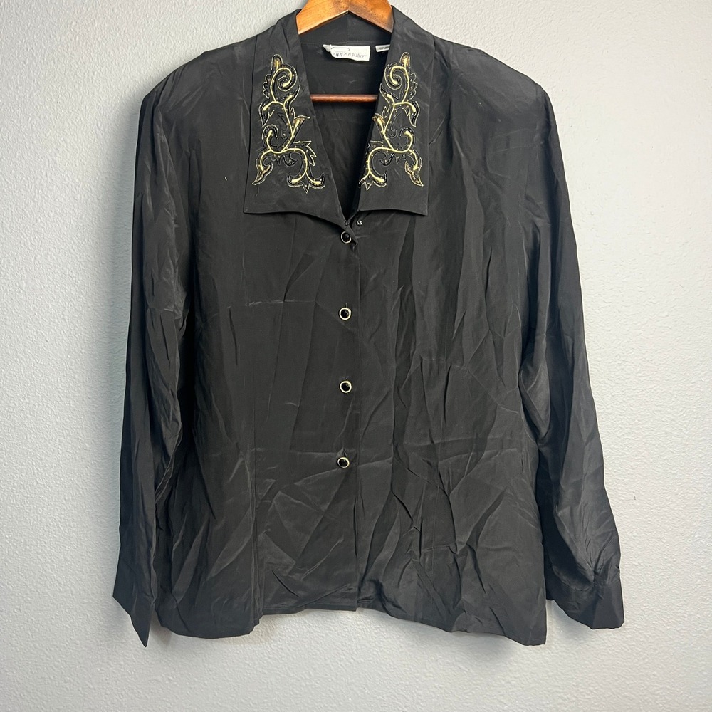 Pappagallo‎ Silk Blouse Embroidered Button Down Long Sleeve Gold Black Size 14